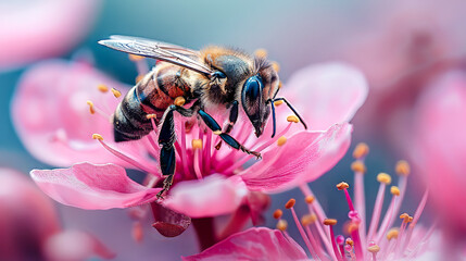 Wall Mural - Macro shot of a bee on a flower - A bee collecting pollen, with a detailed view of its wings and legs.