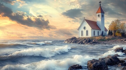 A stunning view of a seaside church with a cross on its steeple, waves gently crashing against the rocky shore