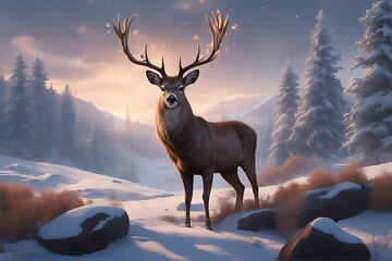 Wall Mural - rocks painting winter gital illustration style standing fire the horns art deer landscape imagination artwork acrylic cervid snow fall scenery1 fiction burning wildlife mammal night animal forest