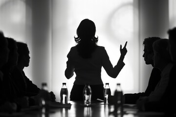 Poster - Silhouette of a businesswoman making a point during a meeting.