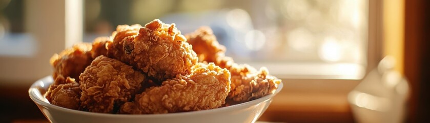 Wall Mural - Crispy fried chicken pieces in a white bowl.