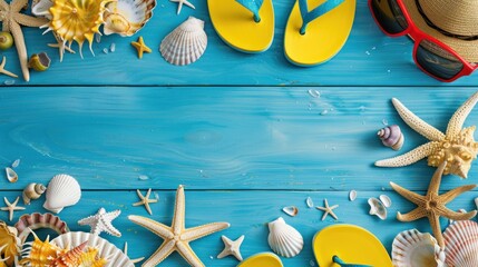 Wall Mural - Summer Vacation Essentials on Blue Wooden Background