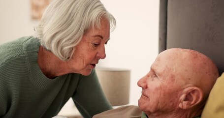 Poster - Sick, kiss forehead and old couple in bed for support, bonding and empathy at home for rehabilitation. Retirement, love and elderly woman care for man with illness, healing and recovery in bedroom