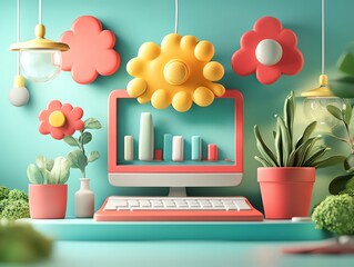 Poster - Computer with abstract flowers and plants.