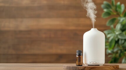 aromatherapy setup with essential oils and a diffuser on a wooden table, wellness, tranquil environm
