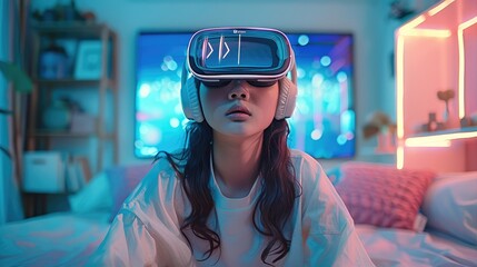 Poster - A teenage girl sitting in her room from China, wearing futuristic headphones for music that do not cover her eyes, with an overlay display of music showing innovation. Generative AI.