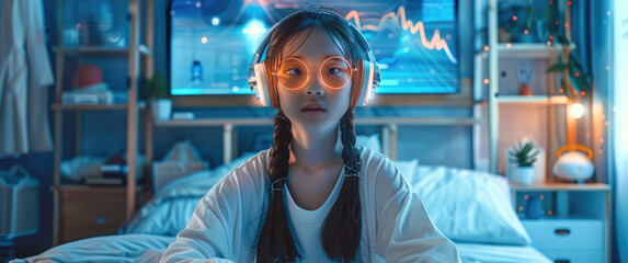 Poster - A teenage girl sitting in her room from China, wearing futuristic headphones for music that do not cover her eyes, with an overlay display of music showing innovation. Generative AI.