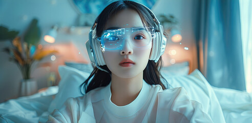 Poster - A teenage girl sitting in her room from China, wearing futuristic headphones for music that do not cover her eyes, with an overlay display of music showing innovation. Generative AI.