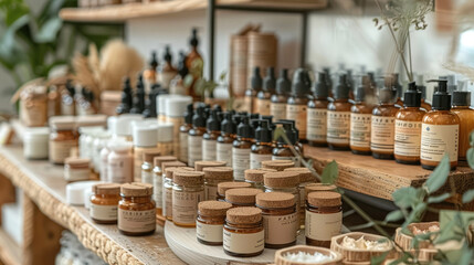 A stunning display of natural and eco friendly cosmetics and skincare products. The table is adorned with a variety of creams, serums, and makeup items made from organic and sustainable materials.