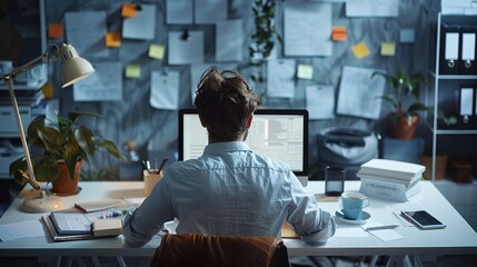 Wall Mural - A man sitting at his desk working on a computer, detailed office environment with papers, stationery, and a coffee mug, modern office design. Generative AI.