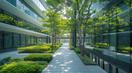 Poster - Modern office, sidewalk, high-rise office facade, less dense, roof garden, surrounded by trees, close to the entrance of a office. Generative AI.