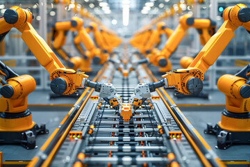 Robot at industry, advanced machinery in futuristic factory, automobile engine production