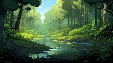 Wall Mural - Serene Forest Stream: A Lush Landscape of Trees, Water, and Nature's Beauty