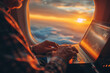 © Pavel - Passenger working on laptop on plane, person flying in aircraft, professional typing on screen during journey.