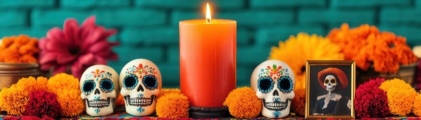 vibrant dia de los muertos altar featuring colorful skulls, candles, marigolds, and photographs, cel