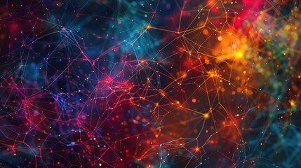 An intricate mesh of neon-colored networks forming a digital web.
