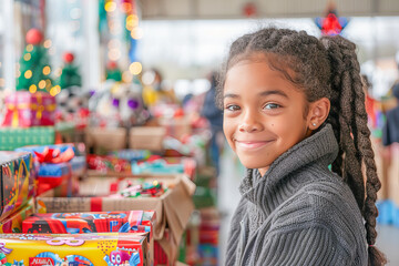 Young volunteer smiling and helping with christmas gift drive