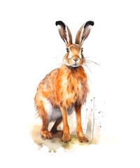 Watercolor illustration of a brown wild hare isolated on white background.