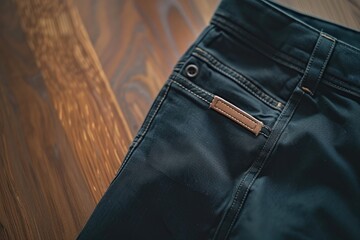 Sticker - A close-up view of a pair of pants lying on a wooden floor