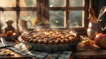 Golden Crusted Apple Pie A Delicious Homestead Delight in Sunlit Kitchen Ambiance