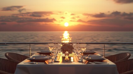 Serenity at Sea Sunset Romance on a Yacht Sundeck Private Dinner Setting for Two Ocean Horizon View