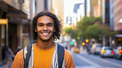 Wall Mural - Portrait of a young smiling guy,  Australian aborigine in casual clothes against city street on background.