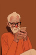 © yaqui_villegas - An elderly man with glasses is attentively looking at his smartphone, wearing a red sweater, set against a plain brown background reminiscent of a vintage style.
