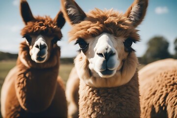 Wall Mural - two blue south sky portrait background american camelid alpacas alpaca llama smile love kiss farm funny together winter2 america andes animal chile closeup country domestic exotic face fluffy