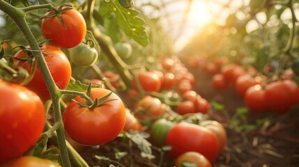 Wall Mural - Tomatoes greenhouse. Red tomatoes grow. Leaves sunbeams. Generative AI.