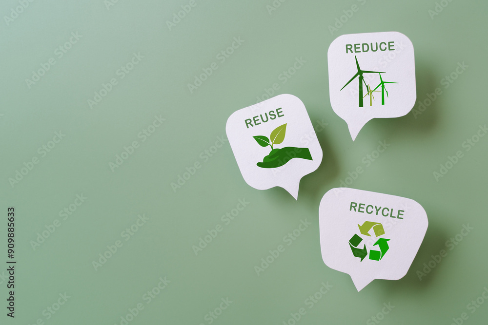reduce, reuse and recycle text and symbol on white real speech bubble ...