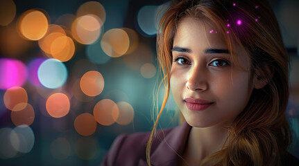 Leinwandbilder - A smart business woman looking at a device with blurred lights behind her in the background. Generative AI.
