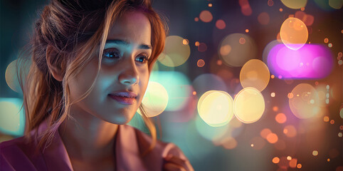 Leinwandbilder - A smart business woman looking at a device with blurred lights behind her in the background. Generative AI.