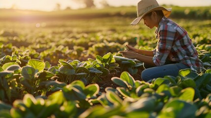 Poster - Smart farming soybean technology Female farmer with digital tablet examines and checkins roots of soya plants in field Agronomist controls the growth and development of sprouts before  : Generative AI