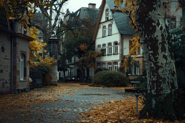 Wall Mural - A street surrounded by trees with vibrant yellow leaves, great for autumn or nature themes