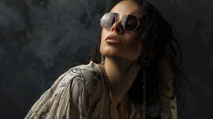 Studio boho and fashion for portrait of woman with sunglasses and confidence for Indian girl Dark background adult and female person with unique style relax and aesthetic for proud mod : Generative AI