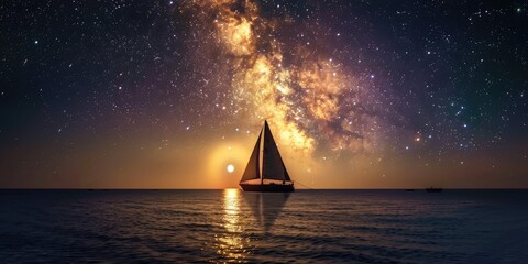 Wall Mural - Silhouetted Sailing Boat beneath Rising Full Moon and Milky Way over Ocean Horizon