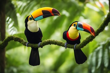 branch forest america vegetation green bird big two ramphastos costa keel billed travel pair bill wildlife sulfuratus rica nature sitting toucan central yellow wild venezuela tropical tree sky red