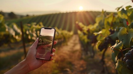 Sophisticated Wine Tasting Experience Hands Using Innovative App in Vineyard Setting