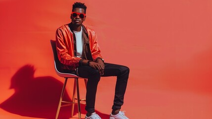 Cool guy shades and studio chair for trendy fashion hipster style and creative aesthetic indoor African man or handsome fashionista and sitting on stool with confidence in clothes and  : Generative AI