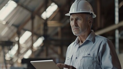 Aufkleber - Senior White engineer holding tablet looking away with serious emotion at work site Portrait og engineer wearing white hard hat at manufactuing : Generative AI