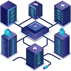 Sticker - An isometric illustration presenting a network infrastructure with centralized data processing and multiple server units.


