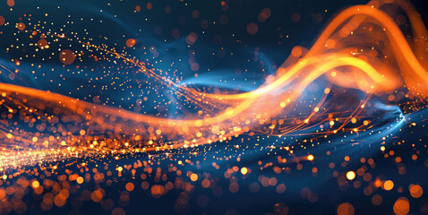 Leinwandbilder - Dynamic orange fibre lights on dark blue background. Generative AI.