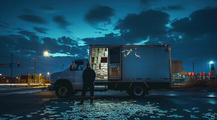 Wall Mural - A cash collection truck is parked on the road in an empty lot. The back doors of the truck are open and in the trunk of the truck there are a lot of paper money at night. Generative AI.