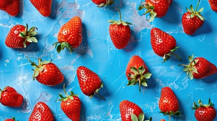 Wall Mural - Fresh strawberries arranged on a blue surface, great for food and nature photography