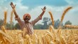 © The Little Hut - Portrait of indian rural farmer raising hands at wheat crop agriculture filed Indian agriculture Kisan diwas concept : Generative AI