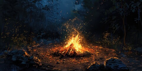 Canvas Print - Nighttime Bonfire Illuminating the Darkness