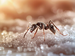 Ant Gathering Sugar Crystals Under Soft Warm Light in Natural Habitat During Daytime