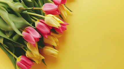 Wall Mural - Fresh lush bouquet of pink yellow tulips on a yellow background With copy space : Generative AI