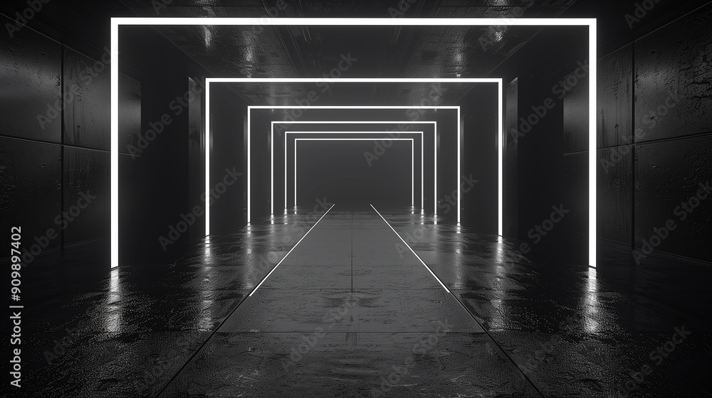 3D technology abstract neon light black and white background, empty ...