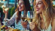 © The Little Hut - Young women enjoy each others company with white wine and appetisers : Generative AI